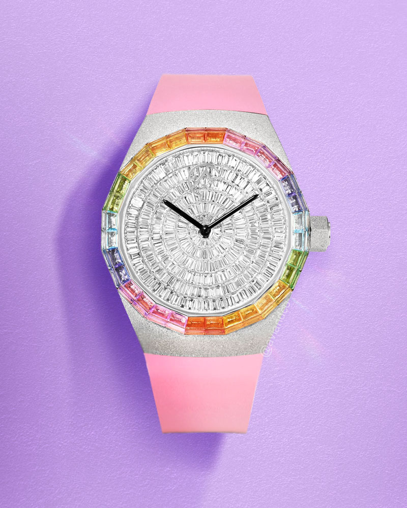 Avi & Co. Frosted Rainbow Watch, 18K White Gold, Pink Color in Motion Strap, 44 mm