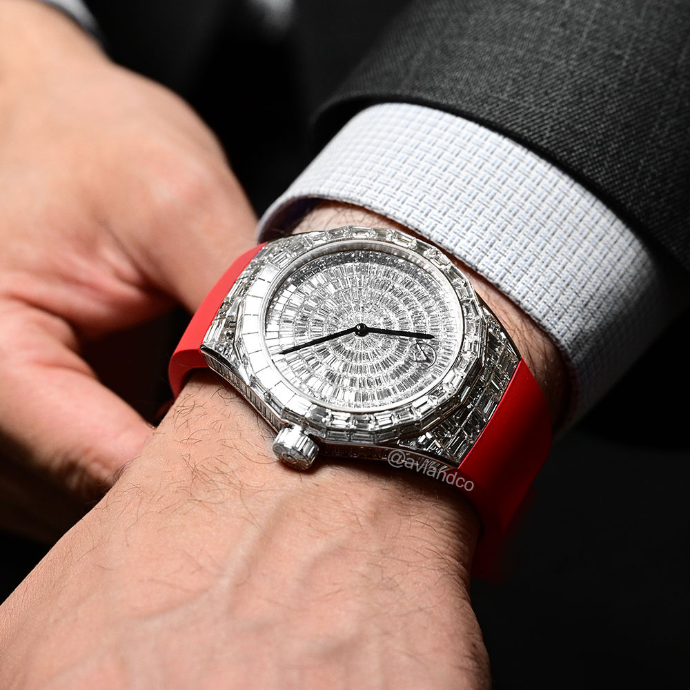 Avi & Co. Iced Collection: Color in Motion, 18K White Gold, Red Rubber Strap, 44 mm