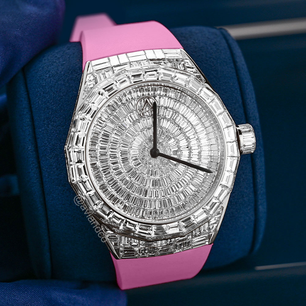 Avi & Co. Iced Collection: Color in Motion, Pink Strap, 18K White Gold, 44 mm