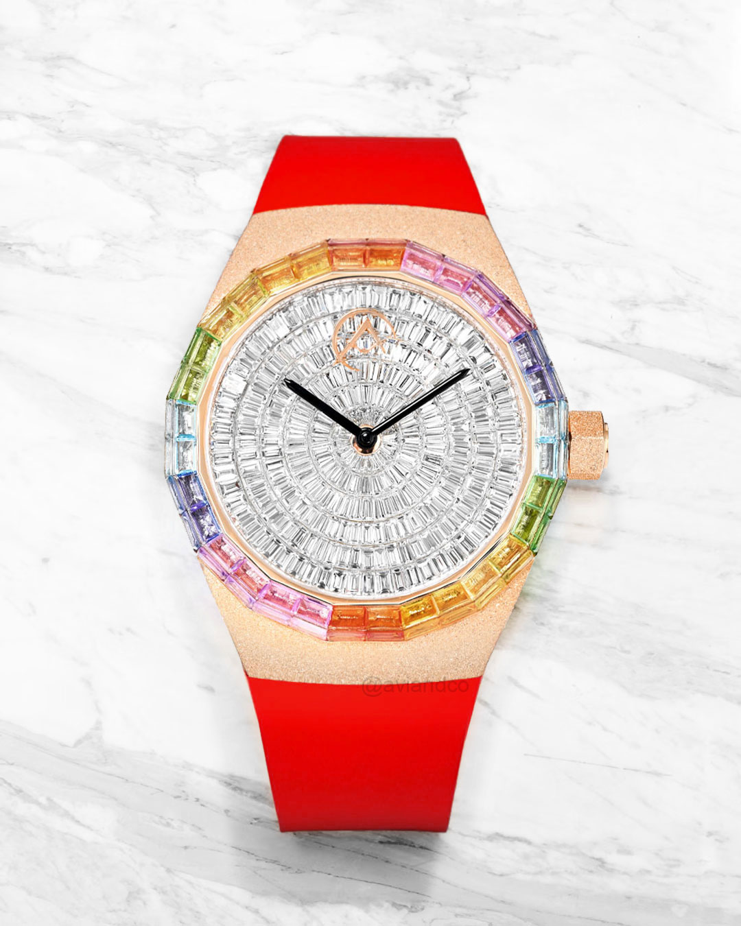 Avi & Co. Frosted Rainbow Watch With Red Color in Motion Strap, 18K Rose Gold, 44 mm
