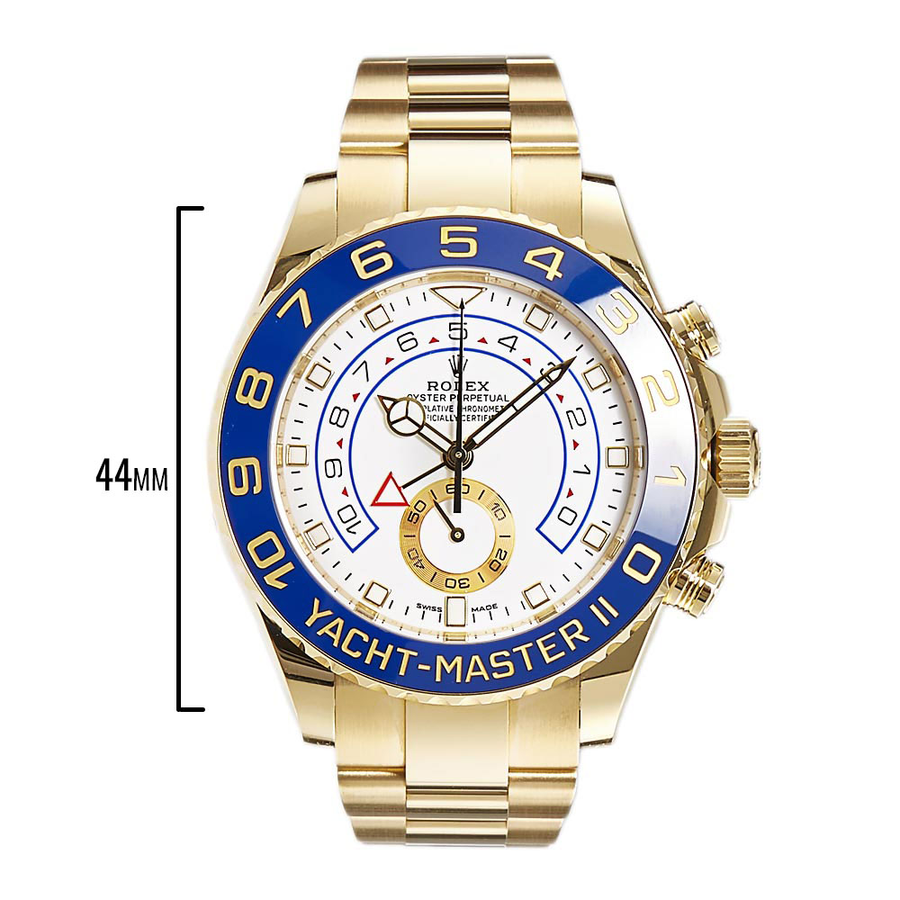 18K Yellow Gold Watch with White Dial, Oyster Bracelet, Index Hour Markers, Bidirectional Bezel, and Screw-down Caseback.