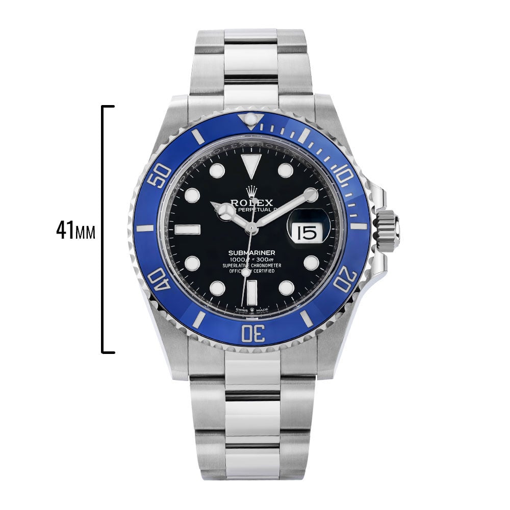 18K White Gold Luxury Watch with Black Dial, Blue Bezel, No Markers, and Date Function.