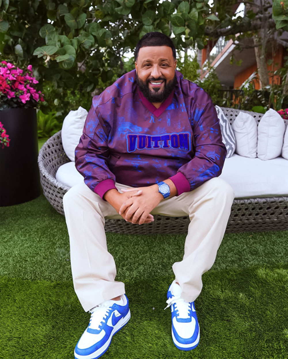 DJ Khaled wearing his Audemars Piguet blue ceramic Royal Oak watch