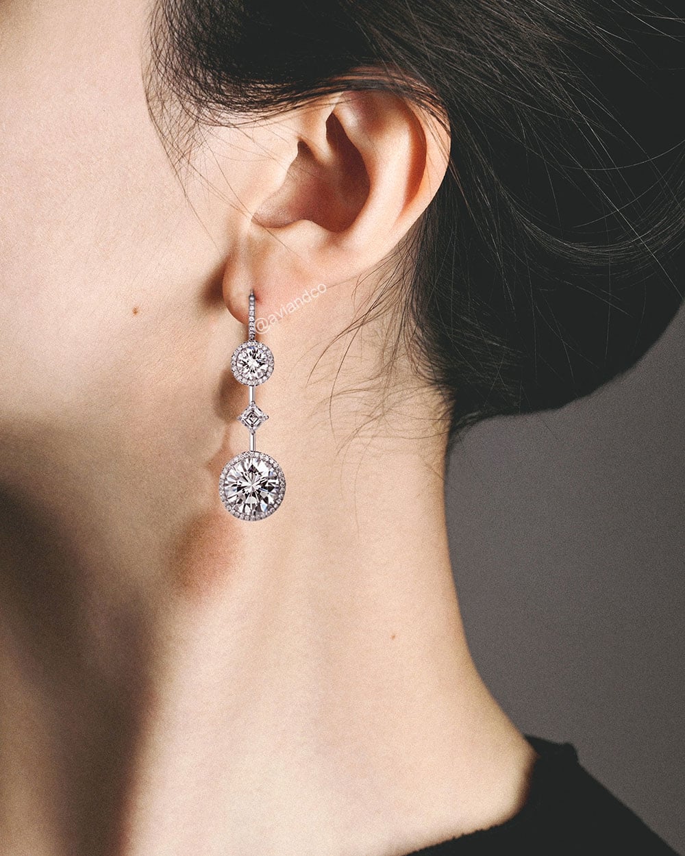 Diamonds by Avi & Co. Round and Asscher Cut Platinum Dangle Earrings, 30.35 CT
