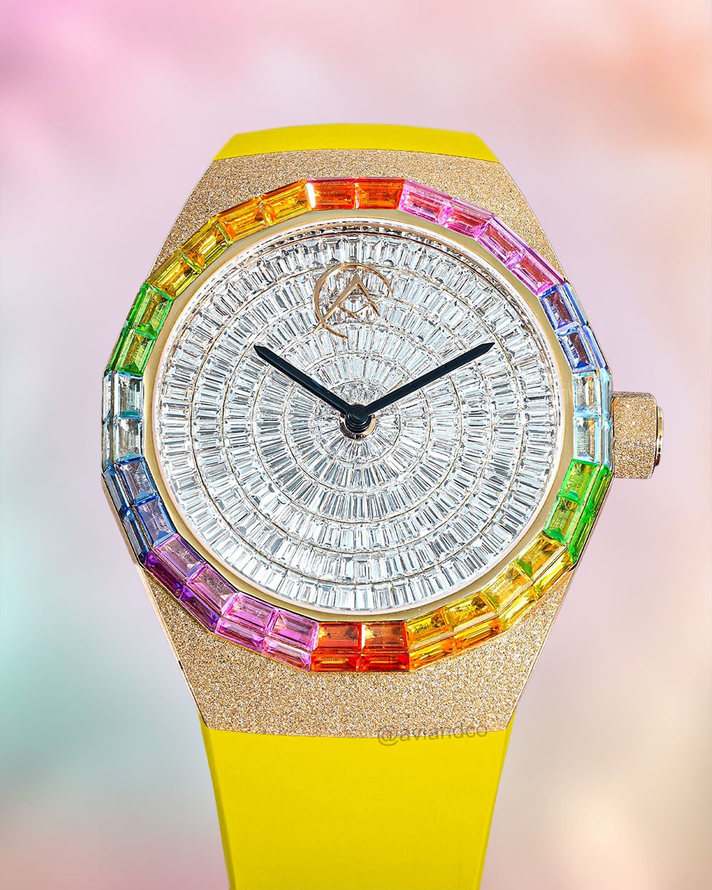 Avi & Co. Frosted Rainbow Watch, 18K Rose Gold, Yellow Color in Motion Strap