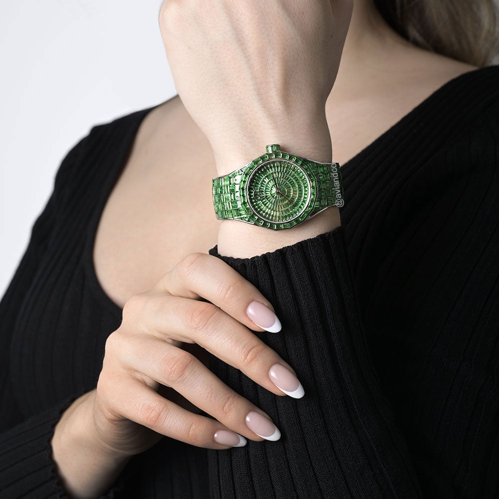 HUE by Avi & Co. Green Tsavorite Watch, 18K White Gold, 37 mm