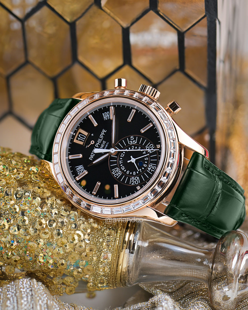 Patek Philippe Complications, 18K Rose Gold, Black Dial, Baguette Bezel