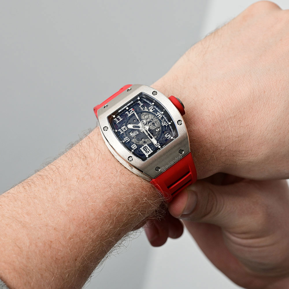 Richard Mille RM 010, 18K White Gold, Transparent Dial, Red Strap