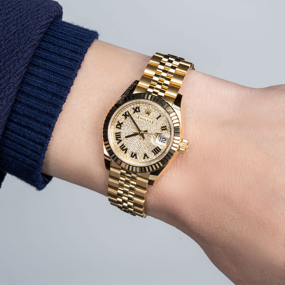 Rolex Datejust 28, 18K Yellow Gold, Diamond Pave Roman Dial