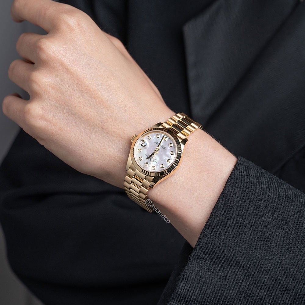 Rolex Datejust 31, 18K Yellow Gold, Mother of Pearl Diamond Dial, Presidential Bracelet