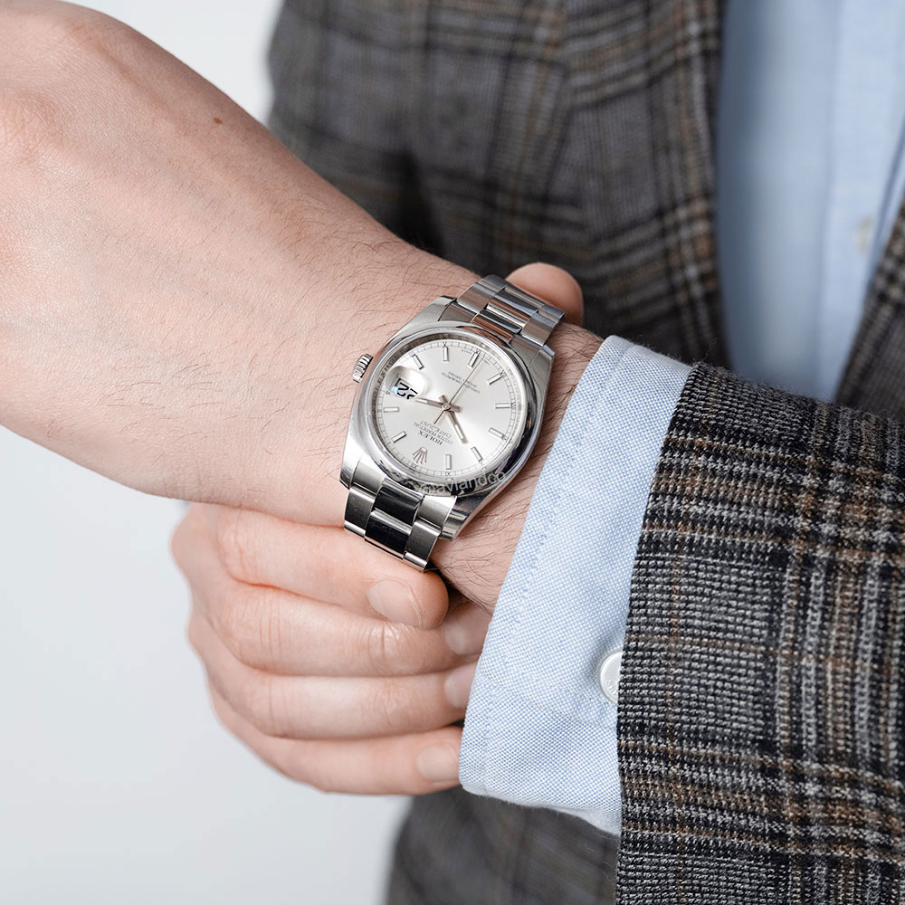 Rolex Datejust 36 with 36 mm Stainless Steel Case, silver Dial, Cyclops Lens, and Date Window.