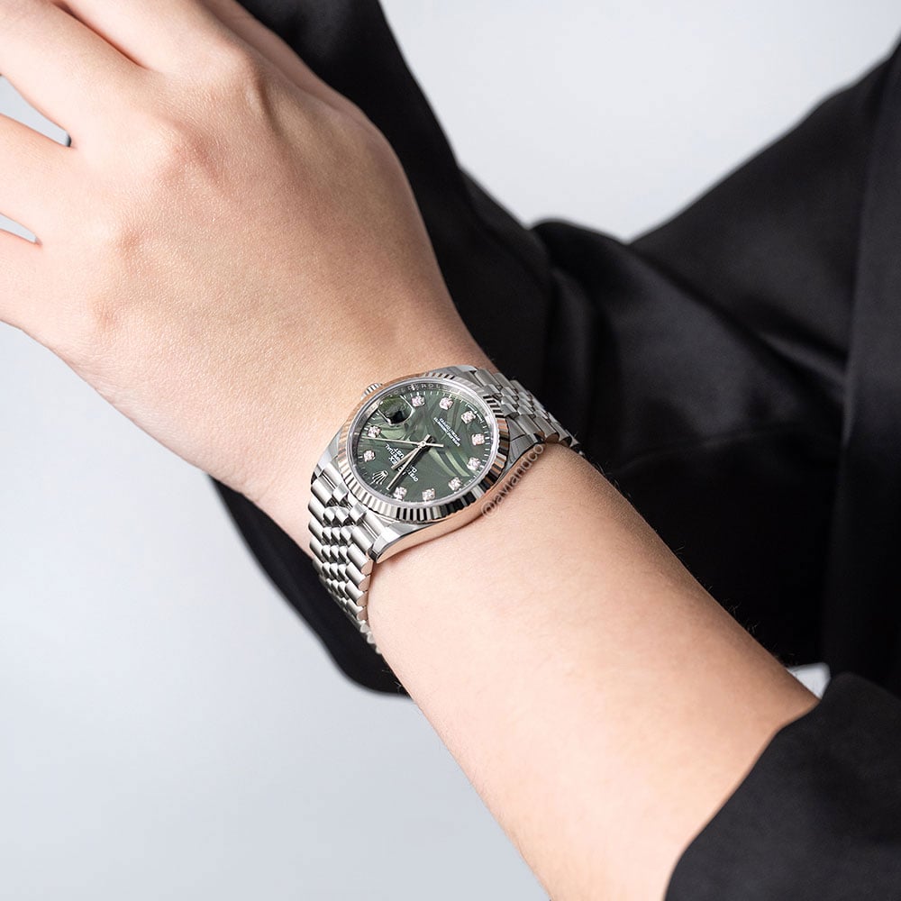 Rolex Datejust 36, Steel, Olive Green Palm Motif Diamond Dial