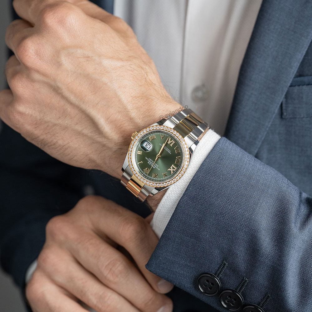 Rolex Datejust 36, Stainless Steel & 18K Yellow Gold, Diamond Bezel, Olive Green Dial