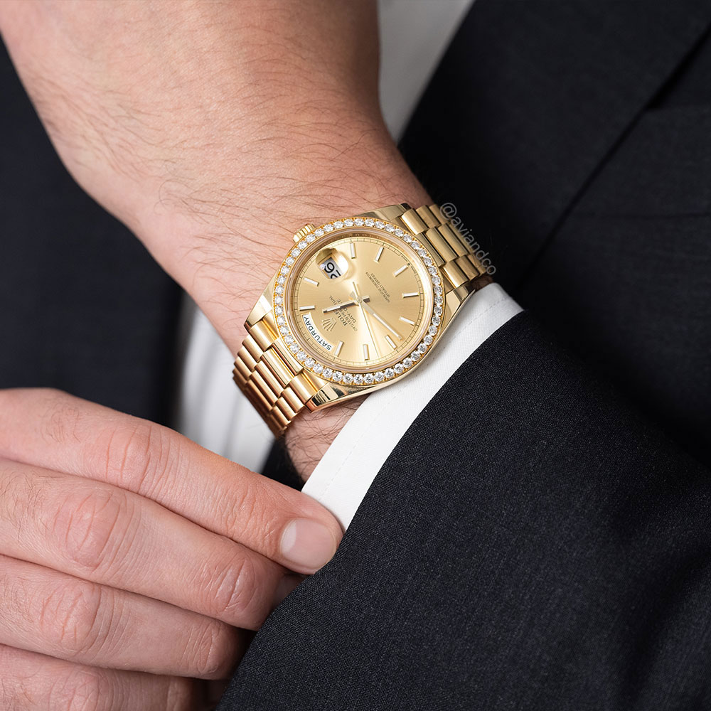 Rolex Day-Date 40, 18K Yellow Gold, Diamond Bezel, Champagne Dial