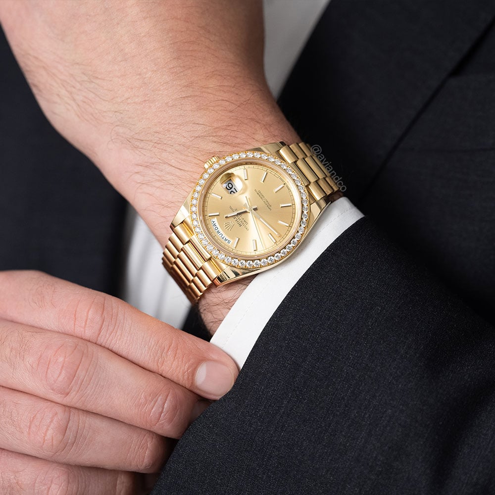Rolex Day-Date 40, 18K Yellow Gold, Diamond Bezel, Champagne Dial