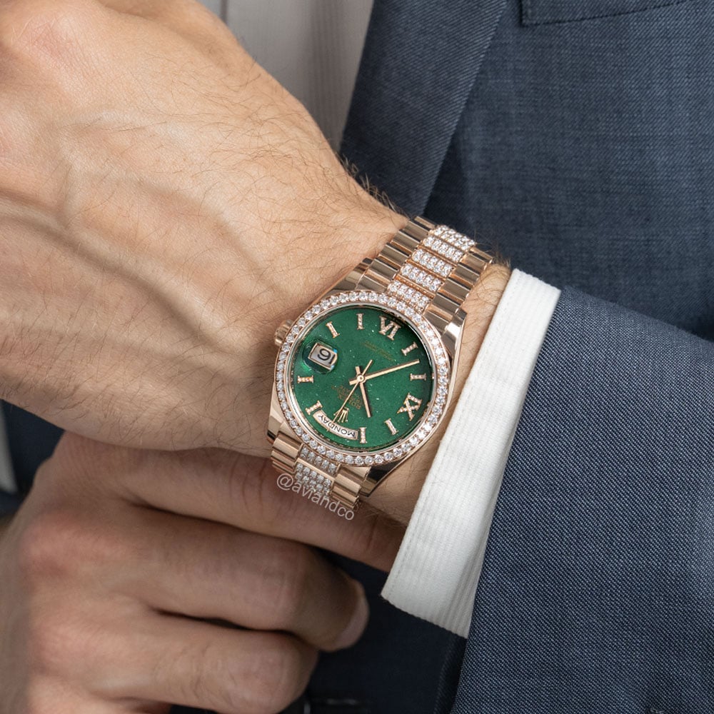 Rolex Day-Date 36, 18K Rose Gold, Diamond Bezel, Green Aventurine Diamond Dial