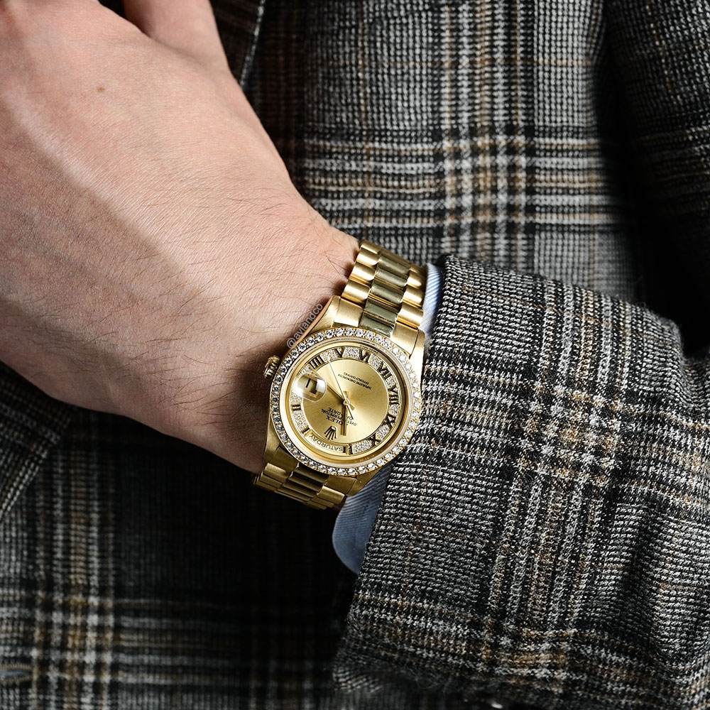 Rolex Day-Date 36, 18K Yellow Gold, Diamond Bezel, Pave Roman Dial
