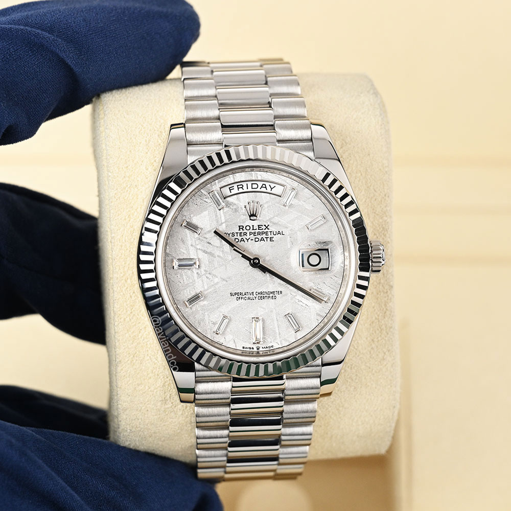 Rolex Day-Date 40, 18K White Gold, Meteorite Baguette Diamond Dial