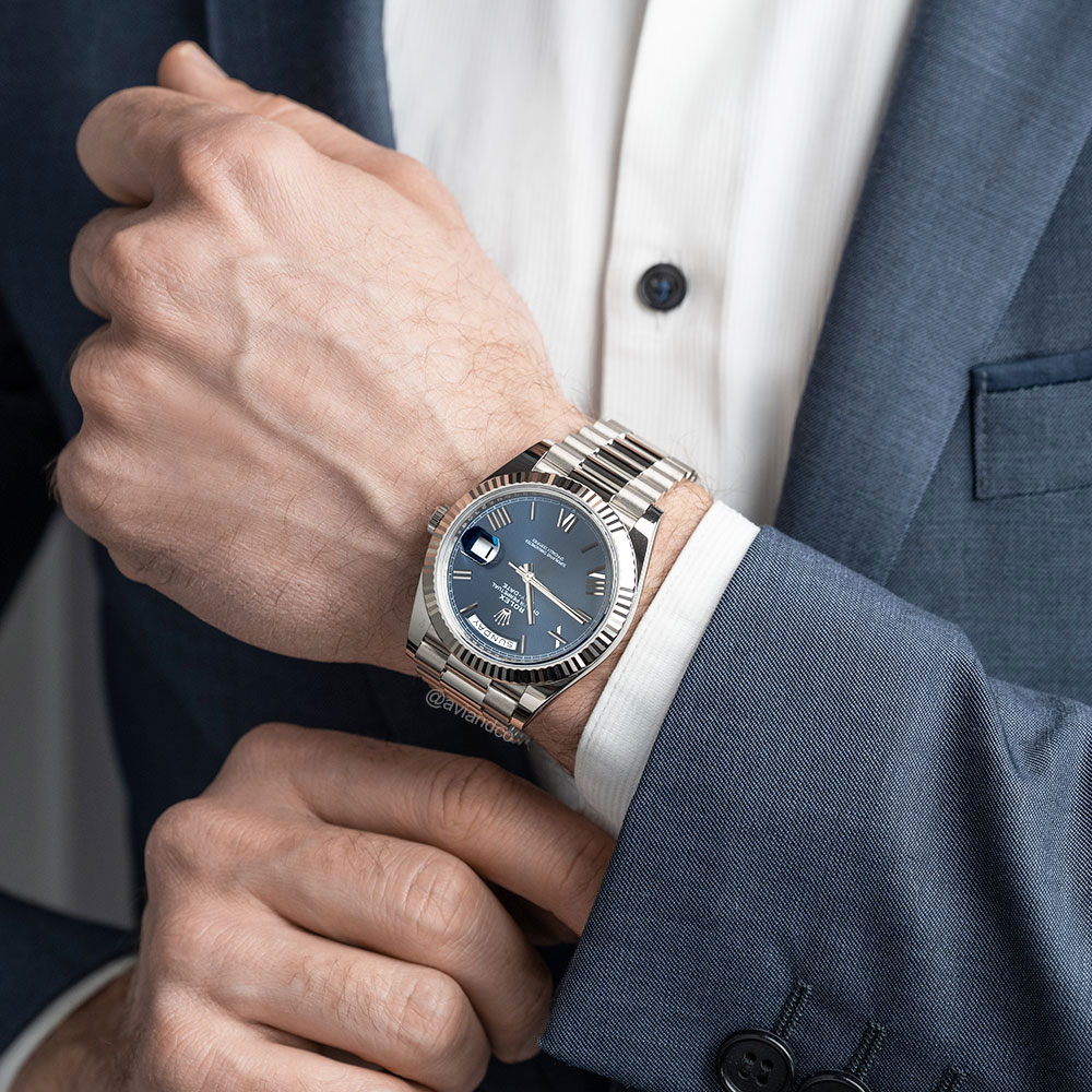 Rolex Day-Date 40, 18K White Gold, Sunburst Blue Roman Dial, Presidential Bracelet