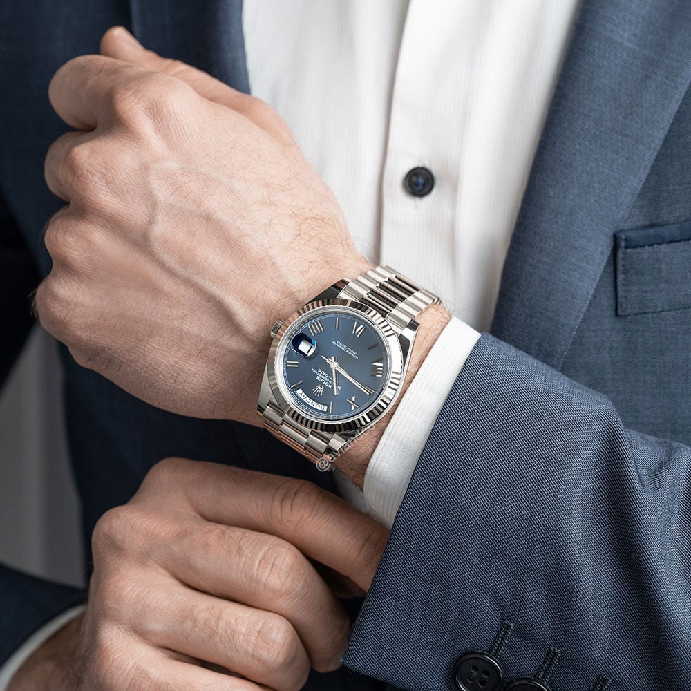 Rolex Day-Date 40, 18K White Gold, Sunburst Blue Roman Dial, Presidential Bracelet, 40 mm