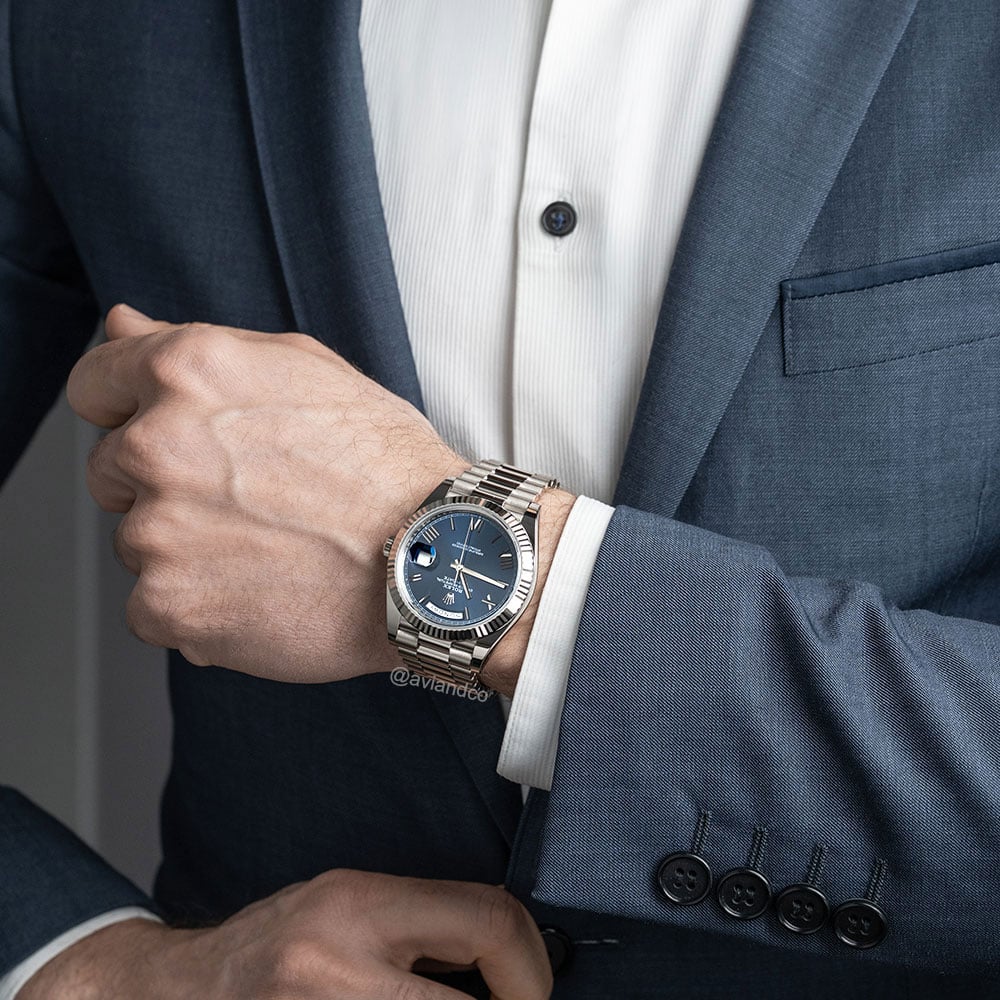 Rolex Day-Date 40, 18K White Gold, Sunburst Blue Roman Dial