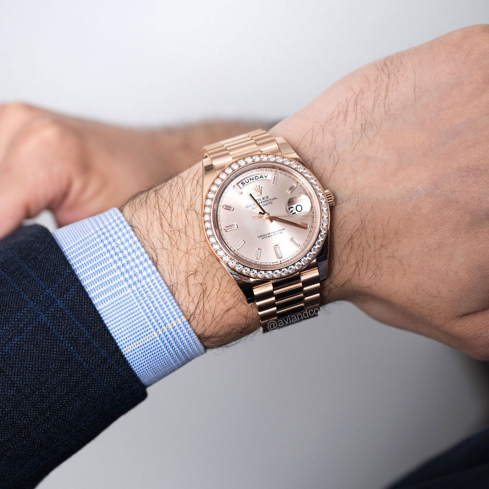 Rolex Day-Date 40, 18K Rose Gold, Sundust Baguette Diamond Dial