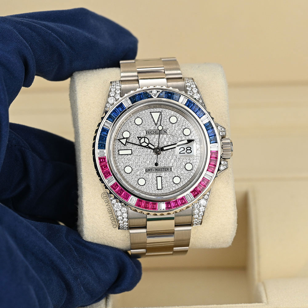 Rolex GMT-Master II, 18K White Gold, Gem Set Bezel, Pave Diamond Dial, 40 mm