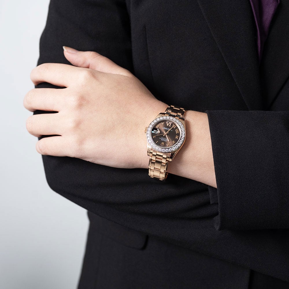 Rolex Lady-Datejust Pearlmaster, Rose Gold, Chocolate Roman Dial