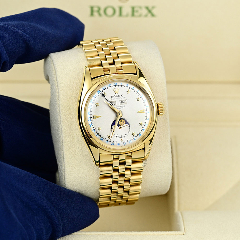 Rolex Oyster Perpetual “Stelline,” 18K Yellow Gold, Silver Dial, Jubilee Bracelet, 36 mm