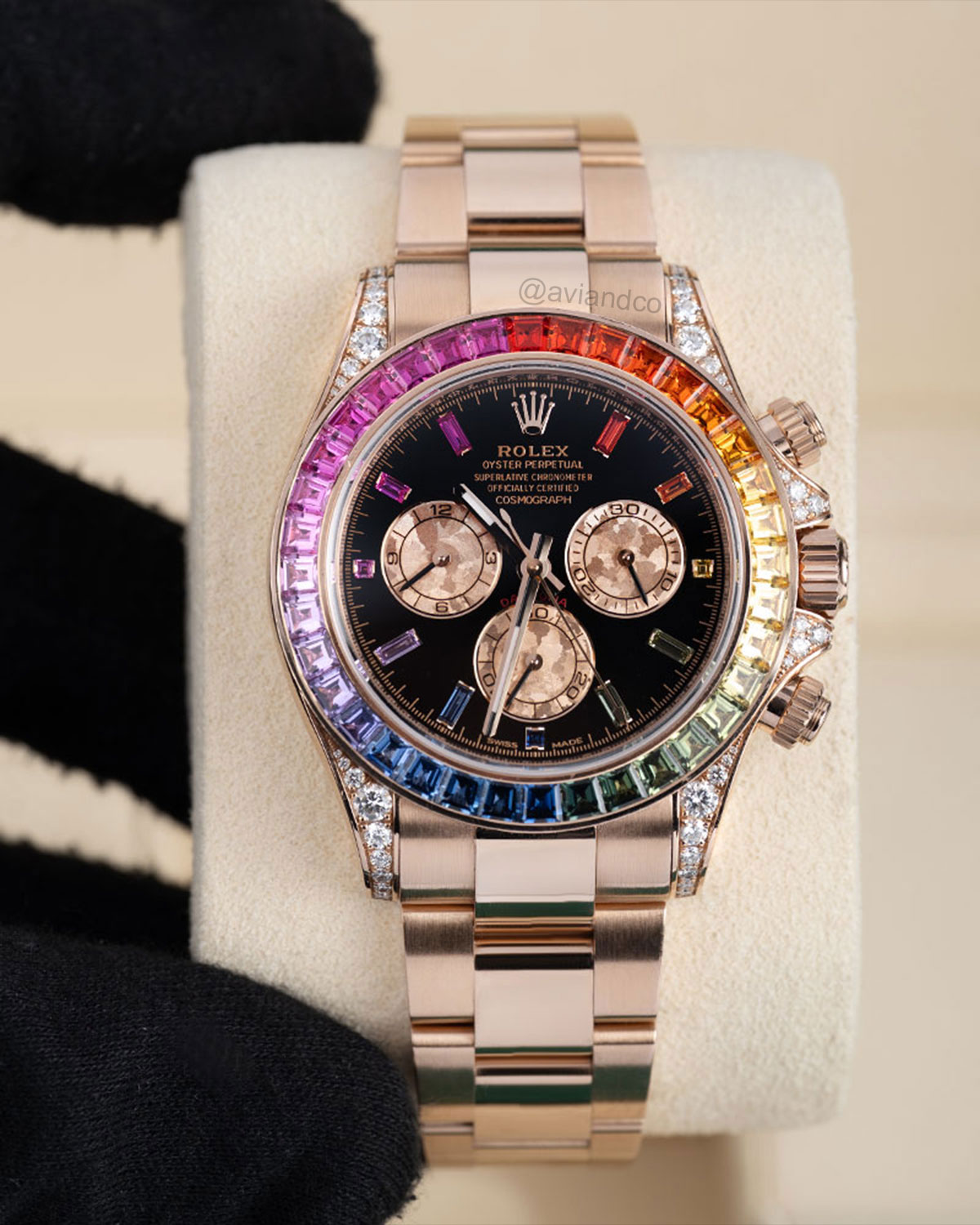 Rolex Cosmograph Daytona, 18K Rose Gold, Black Dial, Rainbow Bezel, 40 mm