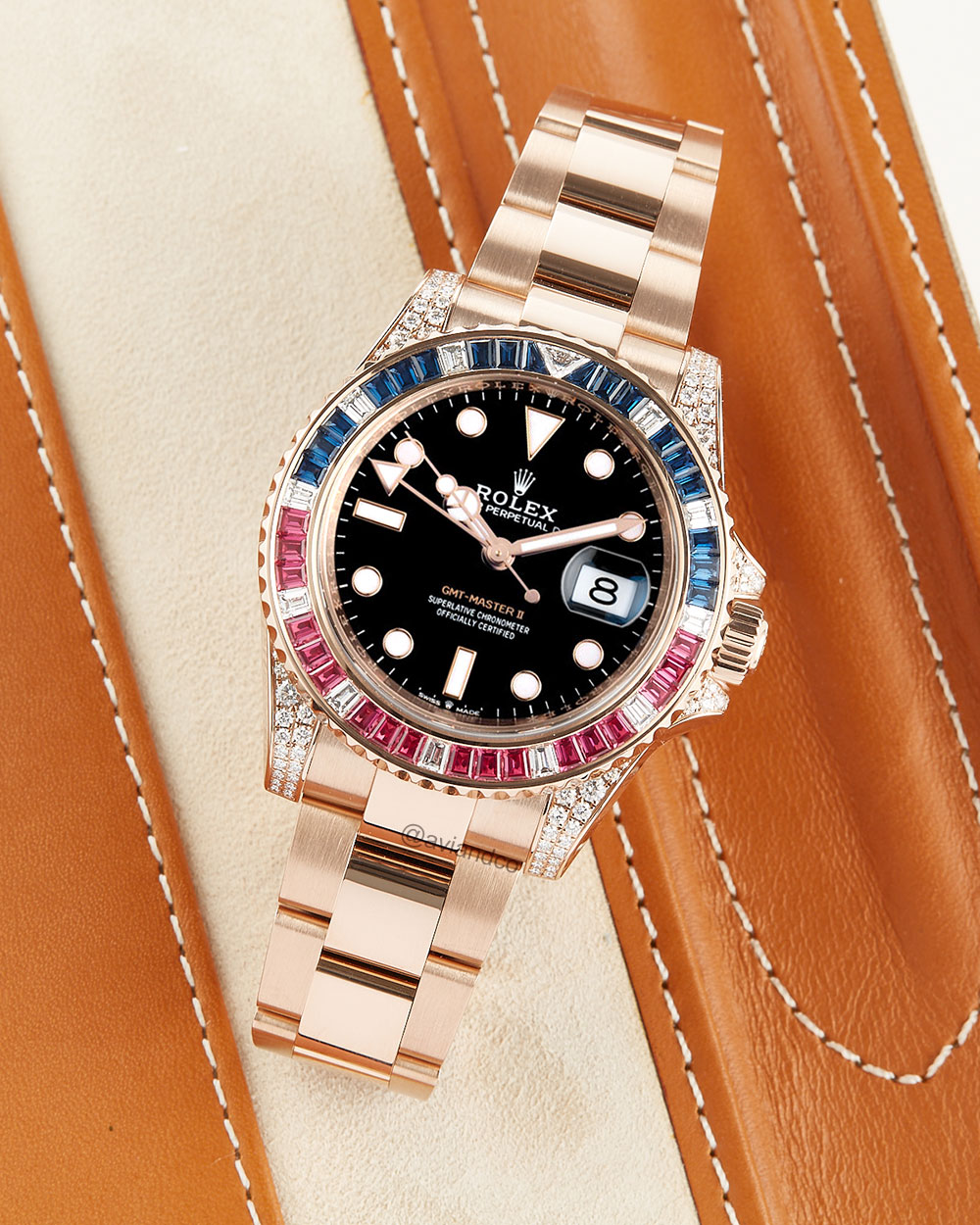 Rolex GMT-Master II, 18K Rose Gold, Black Dial, Sapphire and Ruby Bezel