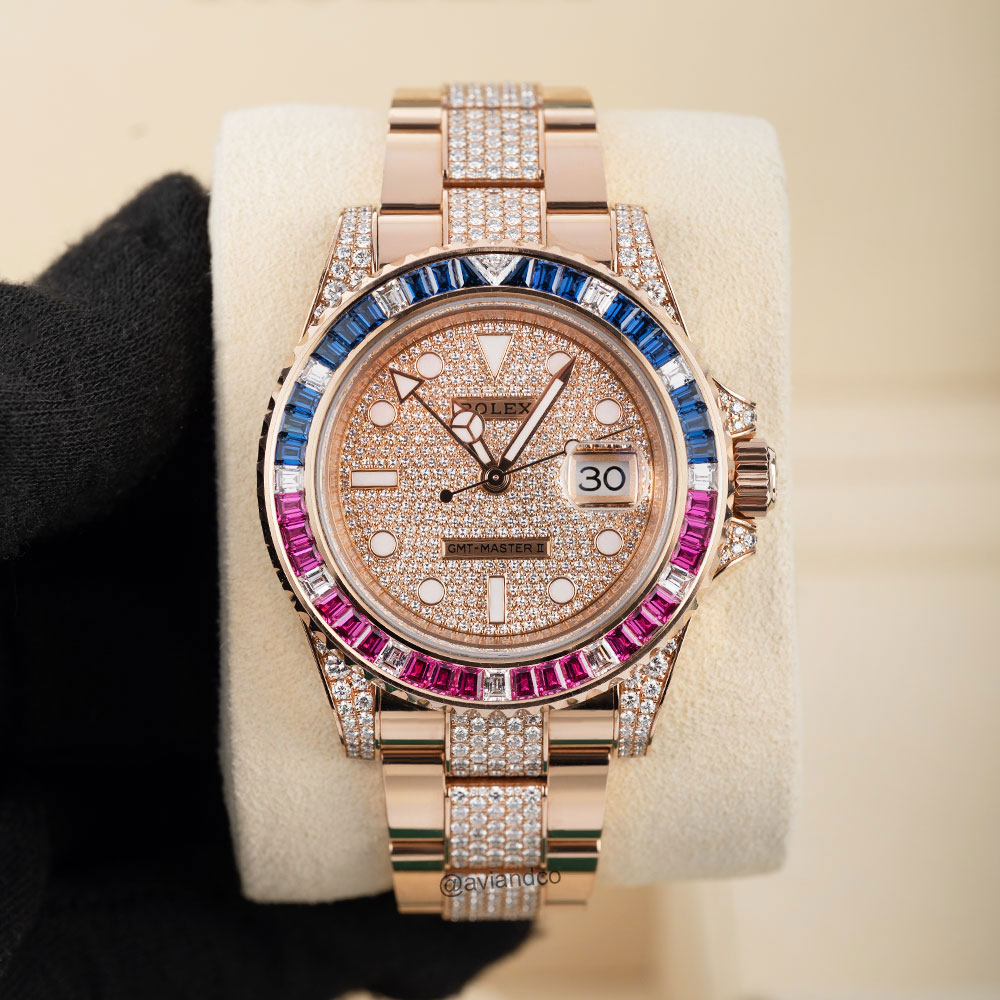 Rolex GMT-Master II, 18K Rose Gold, Diamond Pave Dial, Pave Oyster Bracelet
