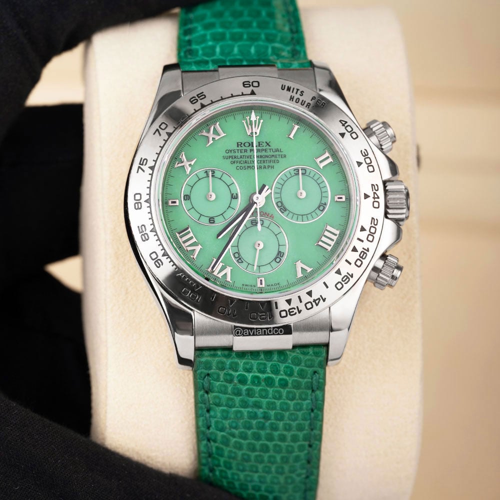 Rolex Daytona, 18K White Gold, Jadeite Green Roman Dial, Green Leather Bracelet
