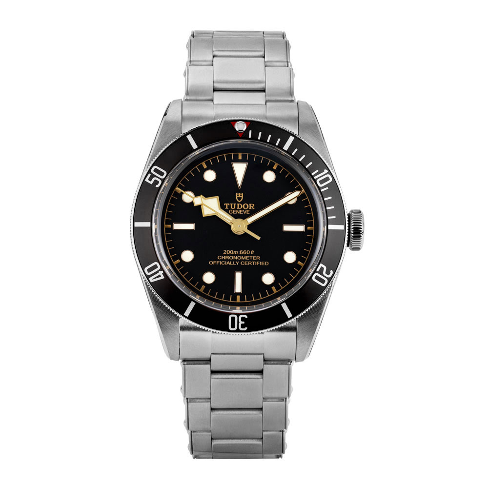 Tudor Black Bay Watch with 41 mm Stainless Steel Case, Black Dial, and Black Bezel.