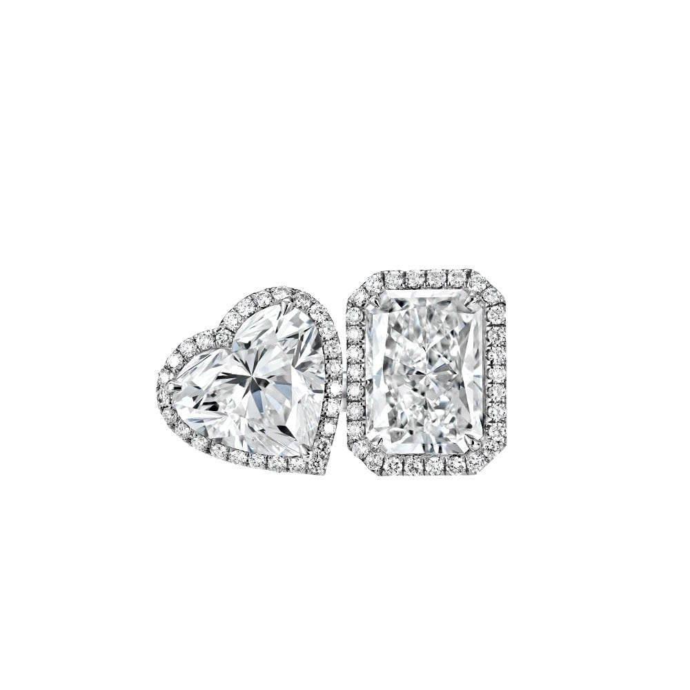 Avi & Co. Heart and Radiant Cut Diamond Halo Toi et Moi Ring 