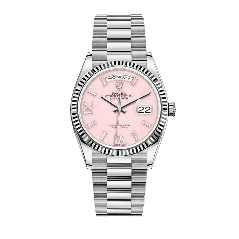 Rolex Day-Date 36 128239, 18K White Gold, Pink Opal Diamond Dial
